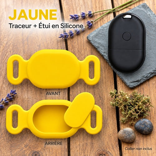 Traceur GPS chien sans abonnement étui silicone jaune AirTag collier