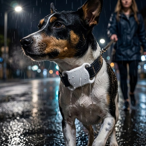 Traceur GPS pour chien sans abonnement porté sur collier sous la pluie