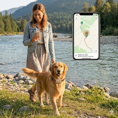 Tracker GPS chien temps réel application promenade rivière femme