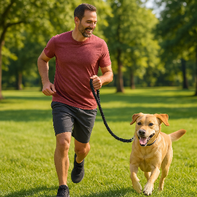 un homme fait du jogging avec son chien attache a une laisse chien noire