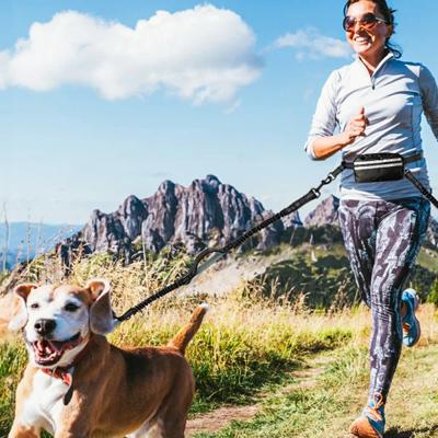 une femme sportive court joyeusement en montagne accompagnee de son chien relie a elle par une laisse main libre chien partageant un moment de liberte et de complicite