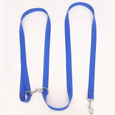 une laisse bleue pour chien main libre avec une poignee et un clip metallique