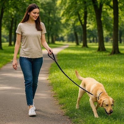 dans un parc une femme promene son chien tenu par une laisse de chien noire