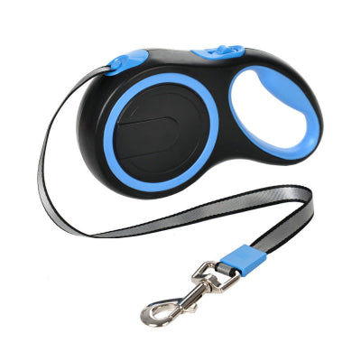 une laisse enrouleur retractable pour chien bleue avec poignee ergonomique et mousqueton metalique