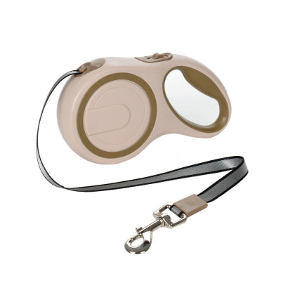 une laisse enrouleur retractable pour chien kaki avec poignee ergonomique et mousqueton metalique