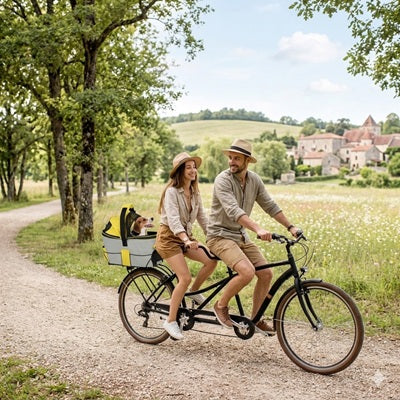 vélo panier pour chien couple tandem campagne village médiéval