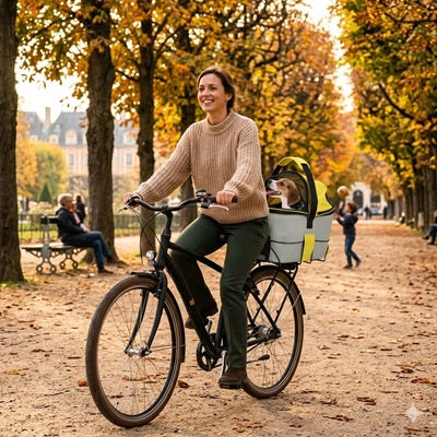 vélo panier pour chien femme automne parc Paris feuilles
